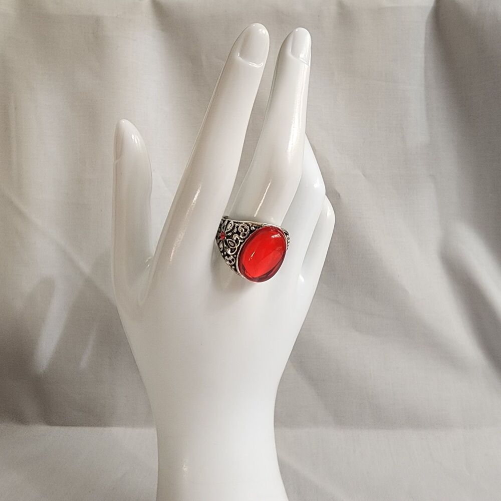 Gothic Red Orange Acrylic Cabochon Statement Ring Silver Tone Size 10